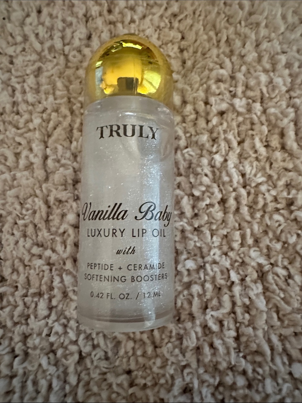 TRULY Vanilla Baby Luxury Lip Oil - Clear Shimmery with Gold Cap. New